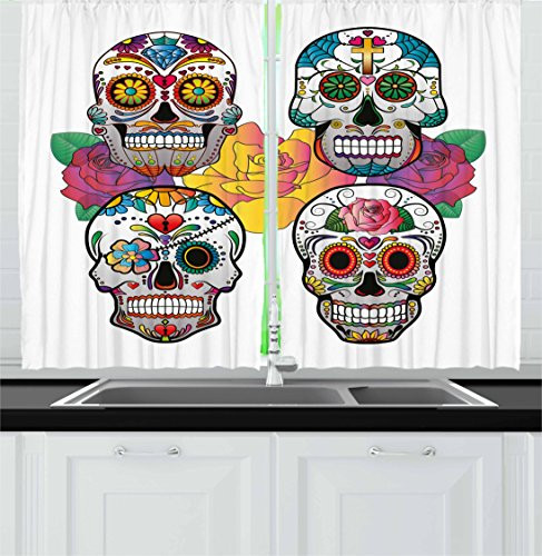 Ambesonne Sugar Skull Decor Kitchen Curtains, Different Types of Skulls Rich Colorful Ornaments Roses Border Carnival, Window Drapes 2 Panel Set for Kitchen Cafe, 55 W X 39 L Inches, Multicolor