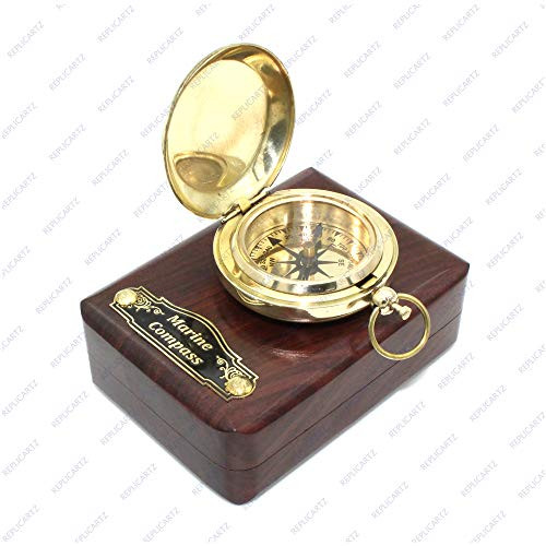 REPLICARTZ Engravable Brass Push Button Direction Pocket Compass with Rosewood Box
