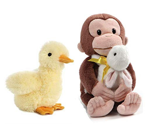 GUND 10" Curious George The Monkey with Bunny and 8" Aurora Duckling Stuffed Animal Plush Friends Bundle