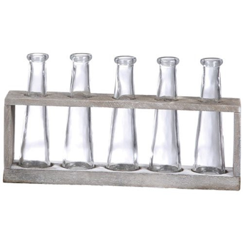 Creative Co-op Distressed Grey Wood Vase Holder with 5 Glass Vases
