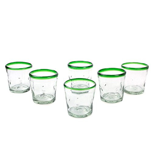 NOVICA Artisan Crafted Clear Green Rim Hand Blown Recycled Glass Tumbler Glasses, 9 Oz. 'Lime Freeze' (Set Of 6)