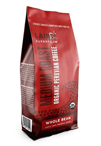 Laird Superfood Peruvian Medium Roast Caffeinated Coffee - Chemical-Free Water Processed Whole Bean Coffee, New 12oz Bag