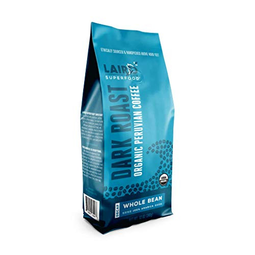 Laird Superfood Peruvian Dark Roast Decaffeinated Coffee - Chemical-Free Decaf Swiss Water Processed Whole Bean Coffee, New 12oz Bag