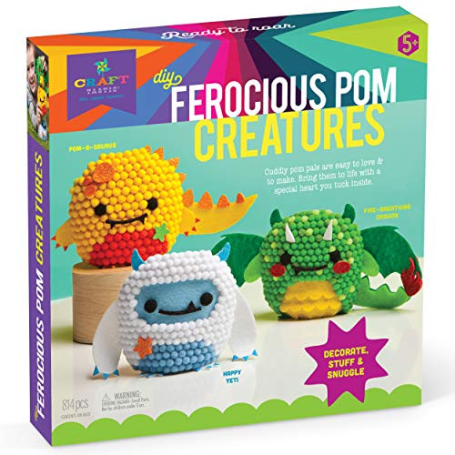 Craft-tastic  DIY Ferocious Pom Animals  Craft Kit Makes 3 Pompom Stuffed Animals  Dinosaur, Yeti & Dragon