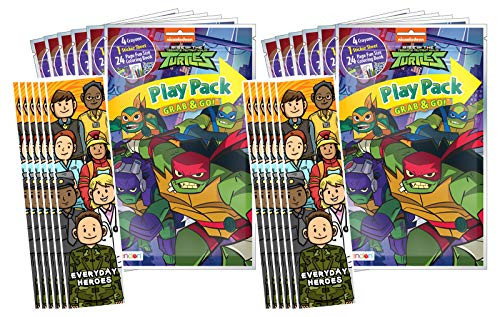 Bundle of 12 Nickelodeon's Rise of the Teenage Mutant Ninja Turtles Grab & Go Play Packs and 12 KaleidoQuest 'Everyday Heroes ' Heroes-Themed Colorable Bookmarks