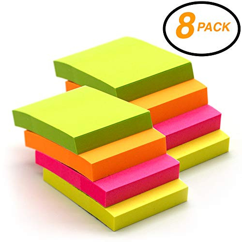 Emraw Tiny Sticky Notes Stick It Stickies, Plain Small 1.5" x 2" Rectangular Neon Bright Colored Removable Self Stick On Note Memo Pad for Office, Home, School - Pack of 8 Pads