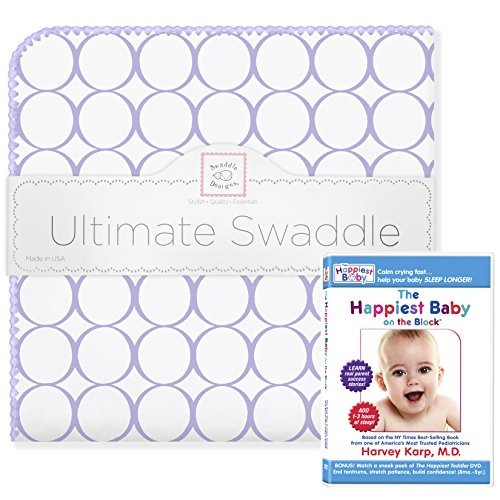 SwaddleDesigns Ultimate Swaddle, X-Large Receiving Blanket + The Happiest Baby DVD Bundle, Lavender Mod Circles (Mom's Choice Award Winner)