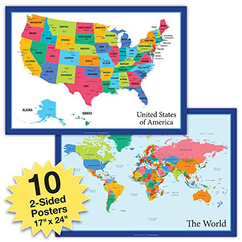 10 Extra Large USA Map and World Map Posters for Classroom, Office Decorations and Home 24x17 inch Double Sided (Pack of 10)