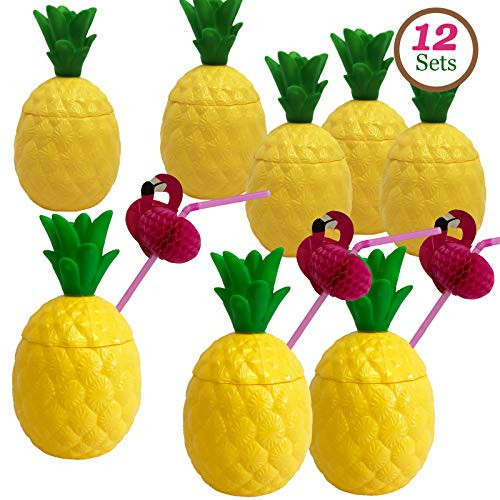 GiftExpress 12-Pack Plastic Pineapple Cups with Flamingo Straws, Hawaiian Party Cups Luau Aloha Party Favor GiftExpress 12-Pack Plastic Pineapple Cups with Flamingo Straws, Hawaiian Party Cups Luau Aloha Party Favor