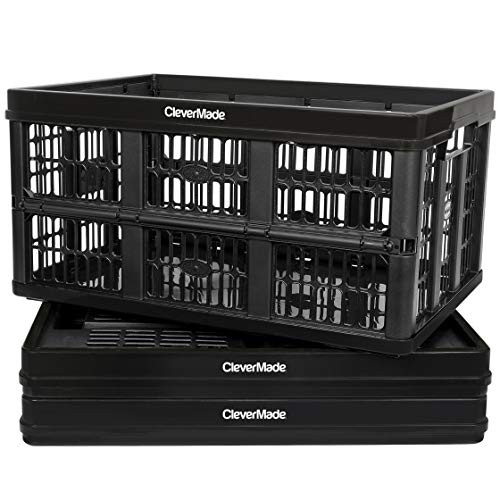 CleverMade 45L Collapsible Storage Bins, Plastic Stackable Grated Wall Utility Containers, CleverCrates Baskets, Black, 3 Pack (8031165-0063PK)
