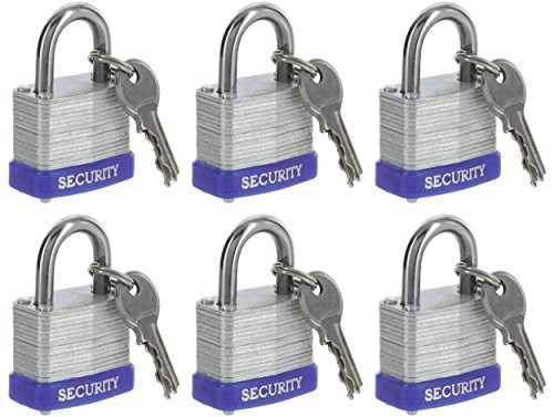 Pack of 6, Small Laminated Solid Steel Padlocks Hardened Shackle, Heavy Duty Lock with Shackle, Wide Body Keyed Alike Laminated Steel Pin Tumbler Keys Included Outdoor Security Lock