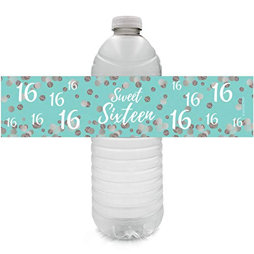 Blue and Silver 16th Birthday Sweet Sixteen Party Water Bottle Labels, 24 Stickers