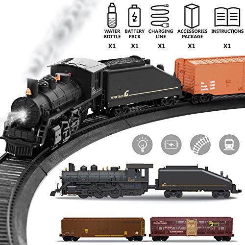 Liberty Imports Diecast Model Freight Train Set with Steam Locomotive Engine, Cargo, and Tracks - Electric Powered Play Set Toy with Smoke, Lights, Sounds (1:87 Scale)