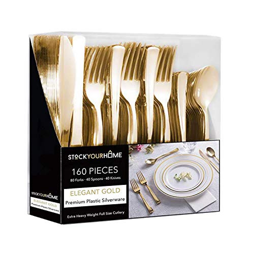 Plastic Cutlery Heavy Duty - 160 Gold Disposable Silverware - Gold Plastic Cutlery - Gold Plastic Utensils - Gold Plasticware - 80 Gold Plastic Forks, 40 Gold Plastic Spoons, 40 Gold Plastic Knives