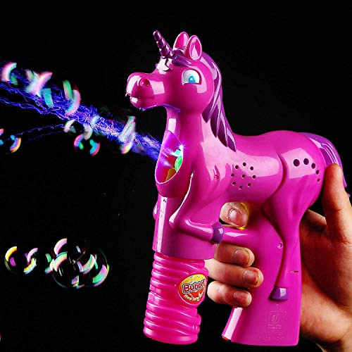 Fun Central LED Light Up Unicorn Bubble Gun Blower for Kids with 2 Refill Bottles - Pink