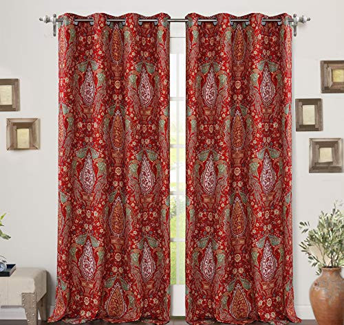 DriftAway Christopher Peacock Floral Pattern Energy Saving Thermal Insulated Blackout Window Curtain Grommet 2 Layers 2 Panels 52 Inch by 84 Inch Red