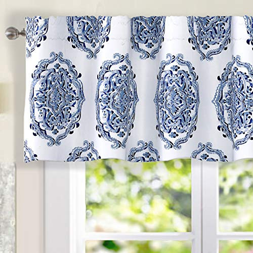 DriftAway Emily Medallion Floral Pattern Thermal Insulated Blackout Window Curtain Valance Rod Pocket 2 Layers 52 Inch by 18 Inch Navy Blue
