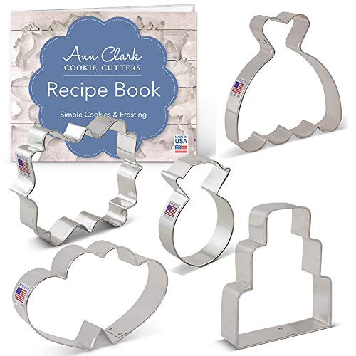 Ann Clark Cookie Cutters 5 Piece Wedding Cookie Cutter Set with Recipe Booklet, Square Plaque, Wedding Cake, Wedding Dress, Diamond Ring, Double Heart Ann Clark Cookie Cutters 5 Piece Wedding Cookie Cutter Set with Recipe Booklet, Square Plaque, Wedding Cake, Wedding Dress, Diamond Ring, Double Heart