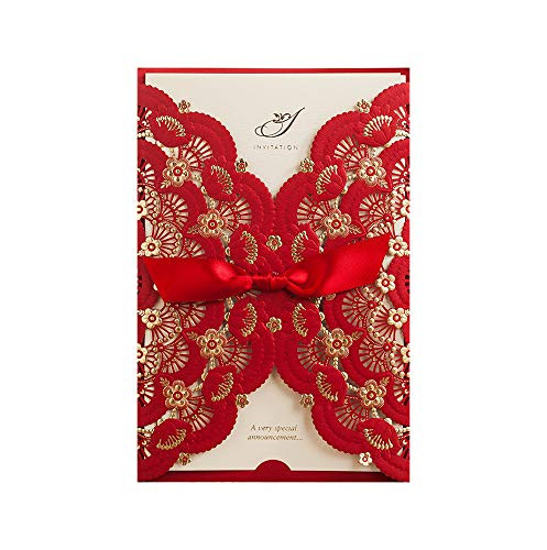 WISHMADE 1 Piece Red and Gold Foil Laser Cut Lace Wedding Invitations Cards Sets, Printable Engagement Birthday Party Bridal Shower Invites Kits with Envelops