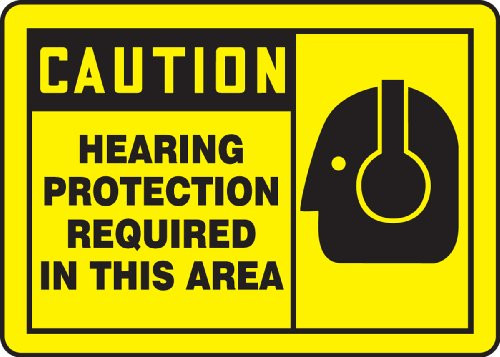Accuform MPPE409VP Plastic Safety Sign, Legend"Caution Hearing Protection Required in This Area" with Graphic, 10" Length x 14" Width x 0.055" Thickness, Black on Yellow