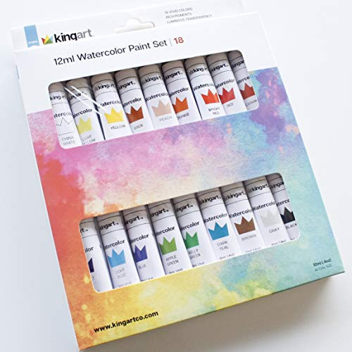 KINGART Studio Watercolor Paint, 12ml (.4oz), Set of 18 Colors, Assorted