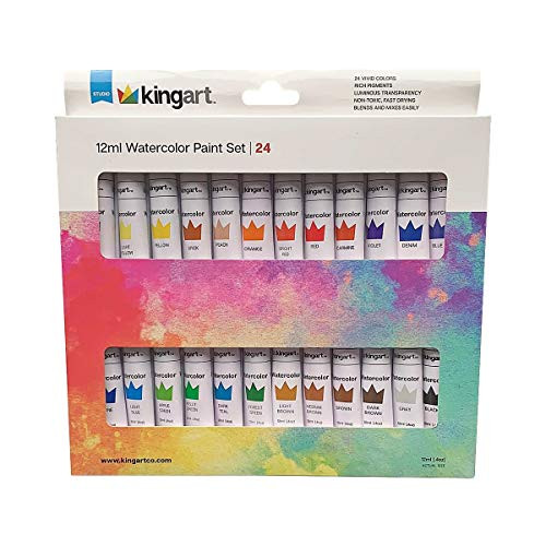 KINGART Studio Watercolor Paint, 12ml (.4oz), Set of 24 Colors, Assorted
