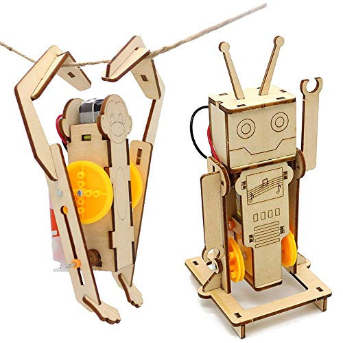 Electric Motor Robotic DIY Science Kits, Stem Educational Wooden 3D-Puzzle Building Projects Gift for Boys and Girls - Zombie Robot, Climbing Monkey (2 Kits)