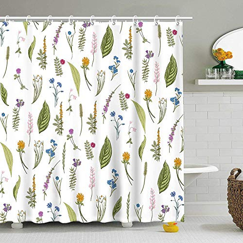 Stacy Fay Shower Curtain Green Leaves Floral Flower Plants White Bathroom Set Decor Polyester Waterproof 72x72 Inch Plastic Hooks 12 Pack