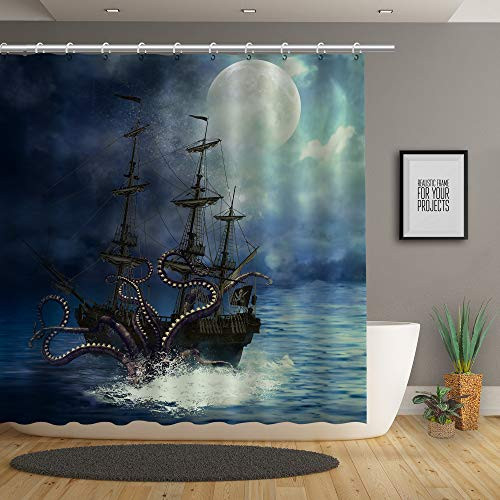 Giant Octopus Kraken Attack Nautical Sailboat Shower Curtain Set with Hooks, Vintage Sea Monster Pirate Ship Bathroom Accessories for Shower Decorations, Navy Blue, 72 x 72 Inch