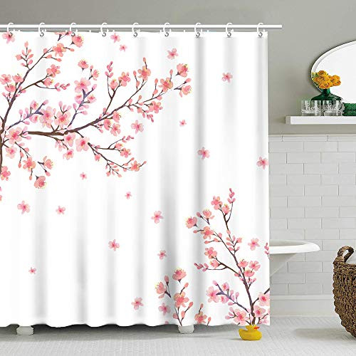 Shower Curtains Bathroom Curtain Cherry Blossom Branches Pink Floral Fabric Bath Curtain Bathroom Decor with 12 Hooks, White 72" X 72"