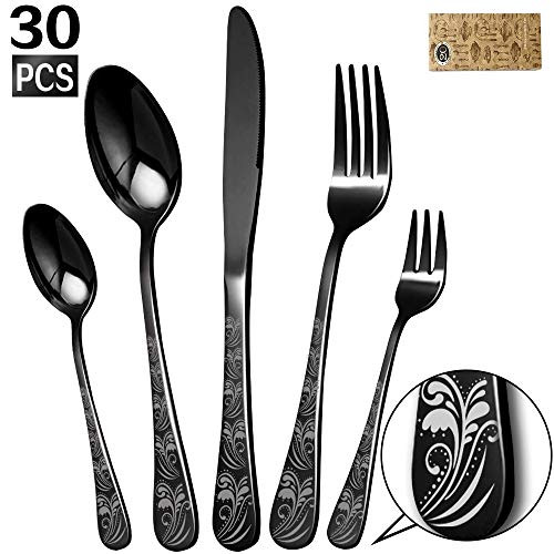 Silverware Set, Elegant Life 30-Piece Stainless Steel Flatware Cutlery Set, Knife Fork Spoon Flatware, Mirror Finish, Smooth Edge, Service for 6 (Black)