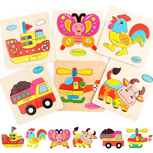 Wooden Jigsaw Puzzles Set for Kids Ages 2-6 Toddler Puzzles, 6 Pack Puzzles Kids Preschool Educational and Learning Toys for Girls and Boys 2 3 4 5 6 Years Old
