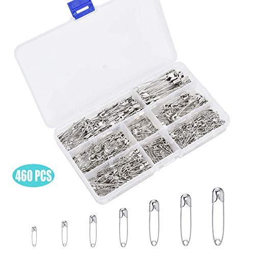 460 PCS Safety Pins, Premium Safety Pins Metal Silver Sewing Pins Set Durable Assorted 7 Sizes 19mm - 54mm for Home Office Use Art Craft Sewing Jewelry Making