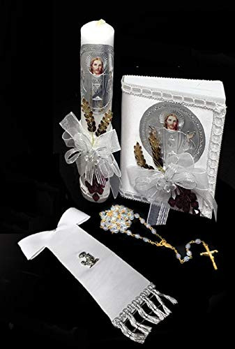 Spanish Handmade First Communion Holy Sacred Heart of Jesus Christ Set for Boy: Candle, New Testament, Armband and Rosary Religious Gift Favor - 4 Pieces