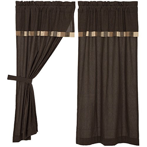 VHC Brands Primitive Curtains Prim Grove Rod Pocket Cotton Tie Back(s) Patchwork Plaid Panel Pair, Dark Creme Tan VHC Brands Primitive Curtains Prim Grove Rod Pocket Cotton Tie Back(s) Patchwork Plaid Panel Pair, Dark Creme Tan