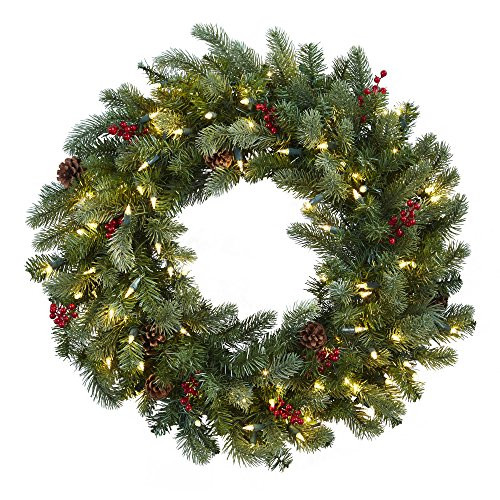 Nearly Natural Lighted Pine Wreath with Berries & Pine Cones, 30"