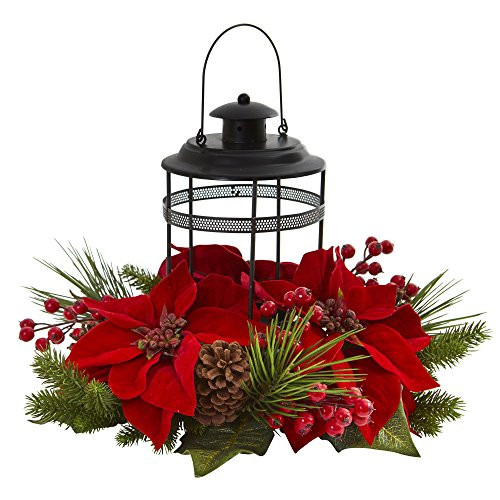 Nearly Natural Poinsettia Berry Pine Artificial Candelabrum Silk Arrangements, Red