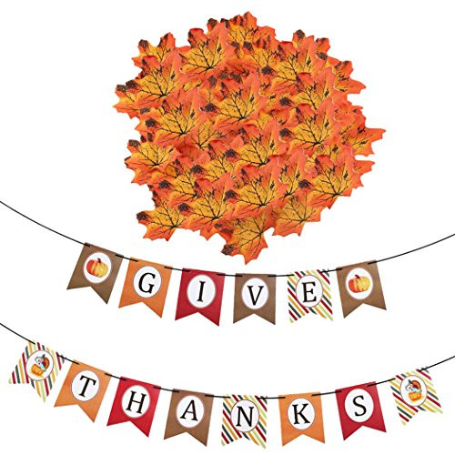 Coxeer Thanksgiving Banner for Mother's Day, Happy Thanksgiving Banner Give Thanks Banner Paper Hanging Banner with 200Pcs Maple Leaves for Home,School and Party Decor