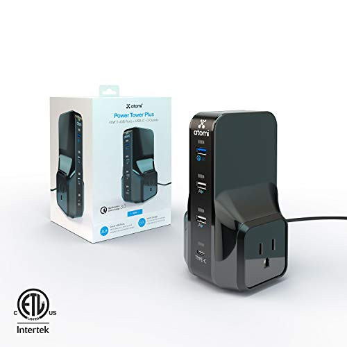 Atomi Power Tower Plus - Desktop Charger, Qualcomm 3.0 Quick Charge, 4 USB Ports, 2 Wall Outlets - Black