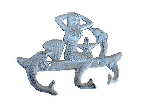 Hampton Nautical Whitewashed Cast Iron Mermaid with Dolphin Hooks, 9"