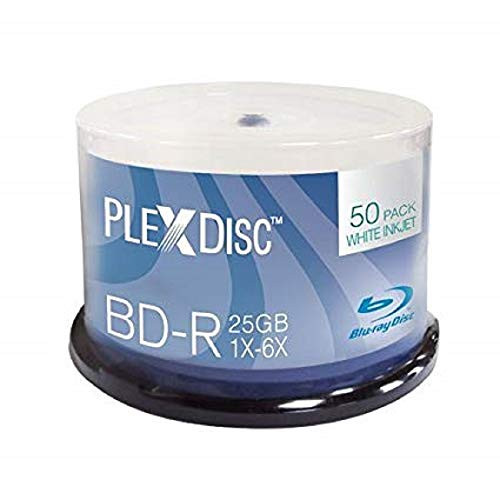 PlexDisc 633-214 25 GB 6X Blu-ray White Inkjet Printable Single Layer Recordable Disc BD-R, 50-Disc Spindle