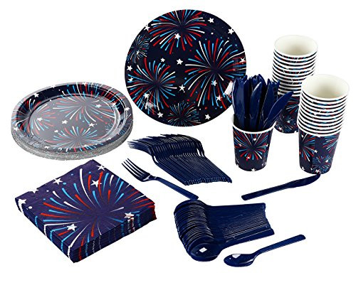 Fireworks Party Supplies  Serves 24  Includes Plates, Knives, Spoons, Forks, Cups and Napkins. Perfect Fireworks Party Pack for Patriotic Themed Parties.