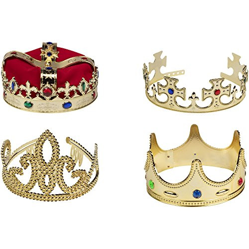 Gold Crown - 4-Pack Royal King and Queen Jeweled Costume Accessories, Party Hat Gold Crown - 4-Pack Royal King and Queen Jeweled Costume Accessories, Party Hat