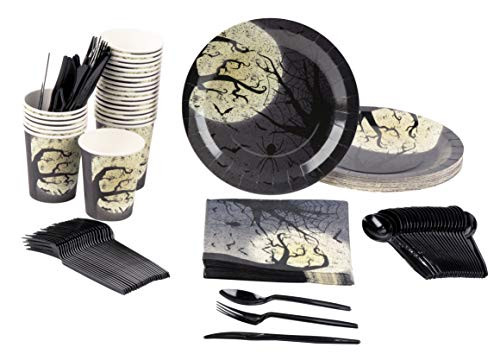 Disposable Dinnerware Set - Serves 24 - Halloween Party Supplies with Moon and Bats Design - Includes Plastic Knives, Spoons, Forks, Paper Plates, Napkins, Cups