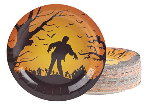 Disposable Plates - 80-Count Paper Plates, Halloween Party Supplies for Appetizer, Lunch, Dinner, and Dessert, Zombies and Bats Design, 9 Inches Diameter