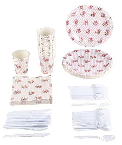 Disposable Dinnerware Set - Serves 24 - Vintage Floral Party Supplies for Birthdays, Weddings, Bridal Shower, Pink Roses Design, Includes Plastic Knives, Spoons, Forks, Paper Plates, Napkins, Cups
