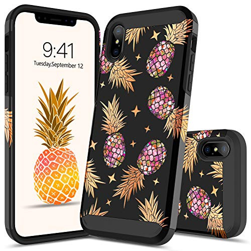 GUAGUA iPhone Xs Max Case Gold Pink Pineapple Dual Layer Hybrid Hard PC Cover Soft Bumper Anti-Scratch Shockproof Full Body Protective Phone Cases for iPhone Xs Max 6.5 inch(2018) Black