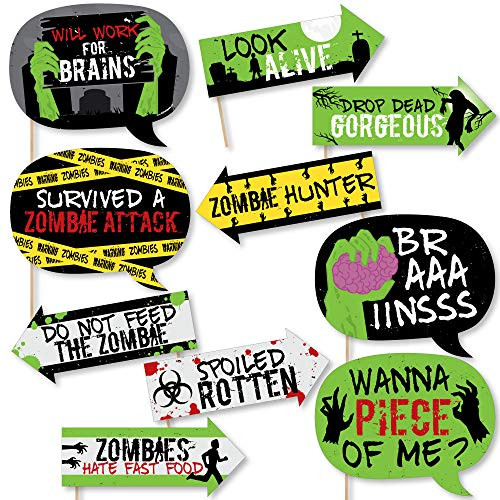 Big Dot of Happiness Funny Zombie Zone - Halloween or Birthday Zombie Crawl Party Photo Booth Props Kit - 10 Piece
