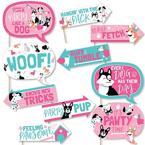 Funny Pawty Like a Puppy Girl - Pink Dog Baby Shower or Birthday Party Photo Booth Props Kit - 10 Piece