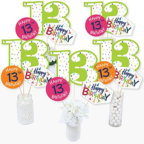 13th Birthday - Cheerful Happy Birthday - Colorful Thirteenth Birthday Party Centerpiece Sticks - Table Toppers - Set of 15